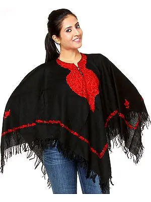 Plain Black Poncho with Aari Embroidery by Hand on Neck and Border
