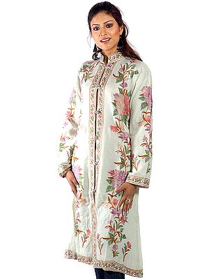 Powder-Green Long Kashmiri Jacket with All-Over Flowers and Sequins