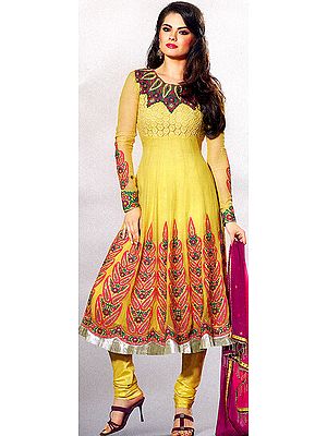 Primrose-Yellow Flaired Chudidar Kameez Suit with Metallic Thread Embroidered Paisleys and Sequins All-Over