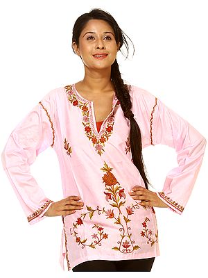 Prism-Pink Kashmiri Kurti with Aari Embroidered Flowers