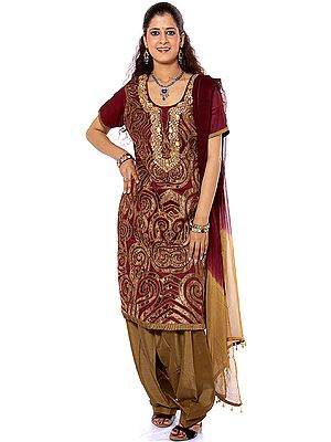 Purple and Beige Choodidaar Suit with Appliqué Work and Embroidered Beads