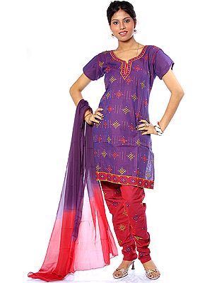 Purple and Ruby Choodidaar Suit with All-Over Embroidery