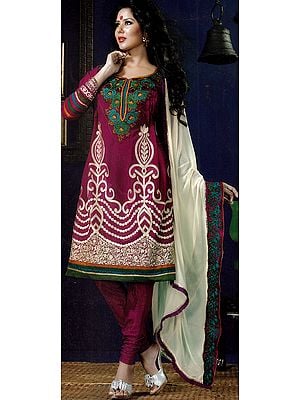 Purple Designer Chudidar Suit with Floral Embroidery and Patch Border