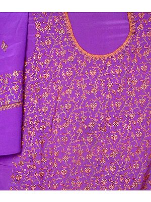 Purple Handwoven Suit with all-over Hand-Embroidery from Kashmir
