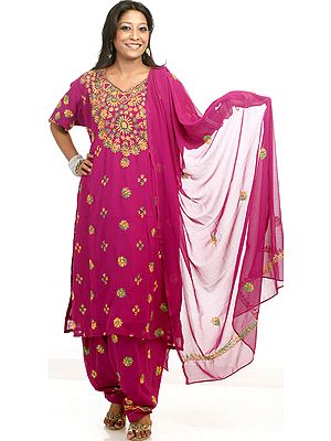 Purple Salwar Kameez with All-Over Kantha Stitch Embroidery