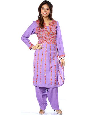 Purple Two-Piece Kashmiri Salwar Kameez with Aari Embroidered Flowers