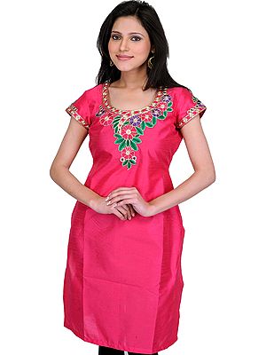 Raspberry-Sorbet Kurti with Patch Work on Neck