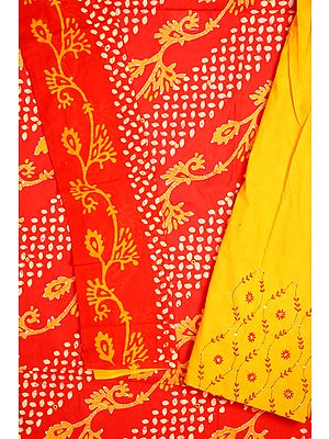 Red and Orange Batik Salwar Kameez Fabric with Sequins and Kantha Stitch