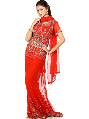 Red Bridal Lehenga Choli with Beadwork and Sequins