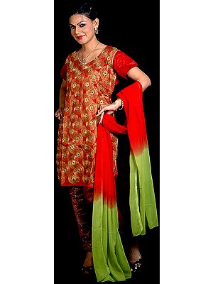 Red Chakra Choodidaar Suit with All-Over Embroidery