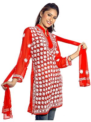 Red Chikan Embroidered Top with Stole