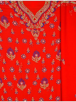 Red Chikan Hand-Embroidered Salwar Kameez Fabric from Lucknow