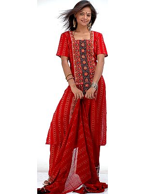 Red Gujarati Suit with Beads and Mirrors