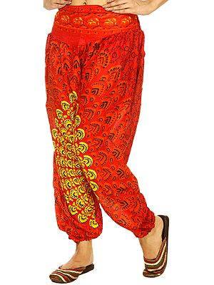 Red Harem Trousers with Printed Motifs