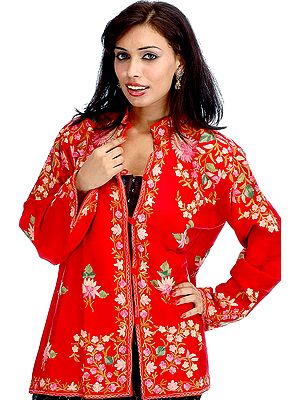 Red Kashmiri Jacket with Embroidered Flowers