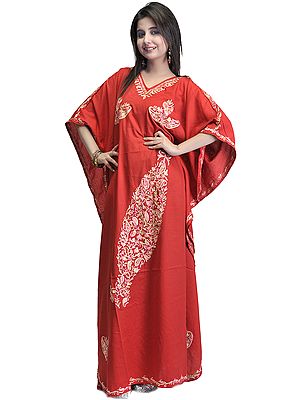 Red Kashmiri Kaftan with Aari Embroidered Flowers on Neck