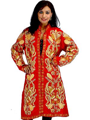 Red Long Silk Jacket with Vegetative Embroidered Motifs