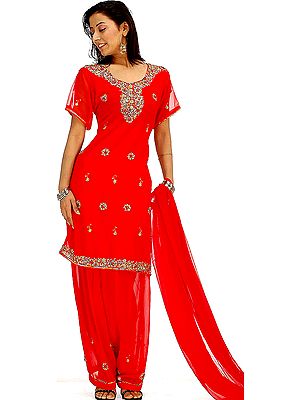 Red Salwar Kameez Suit with Sequins and Beads