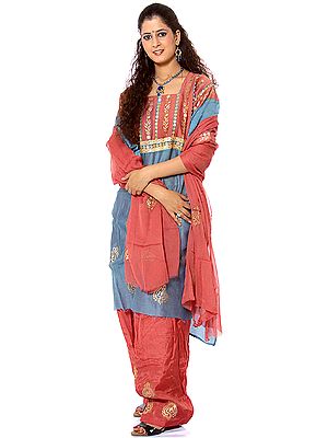 Redwood and Blue Salwar Suit Fabric with Printed Bootis and Gota Work