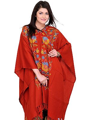Rio-Red Kashmiri Cape with Aari Embroidered Flowers by Hand