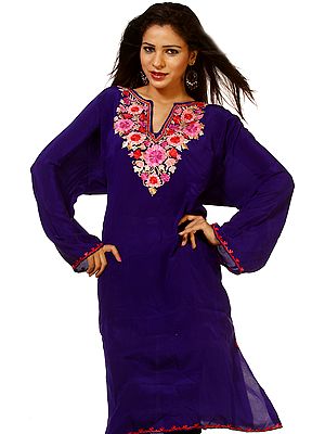 Royal-Blue Kashmiri Phiran with Aari-Embroidered Flowers