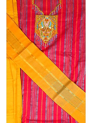 Ruby-Red and Amber South-Cotton Suit with Embroidery on Neck