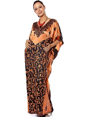 Rust and Black V-Neck Kaftan with Crewel Embroidery All-Over
