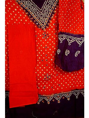 Rust and Blue Bandhini Suit with Mirrors