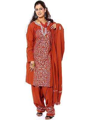 Rust Kashmiri Salwar Kameez and Shawl with Aari Embroidery