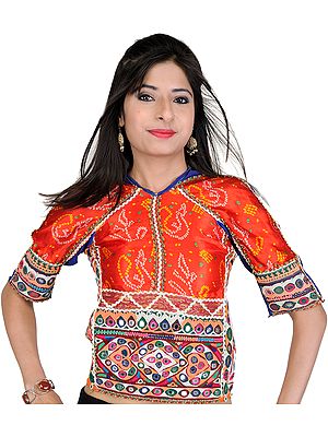 Scarlet Backless Choli From Kutch with Rabari Embroidery and Bandhani Print