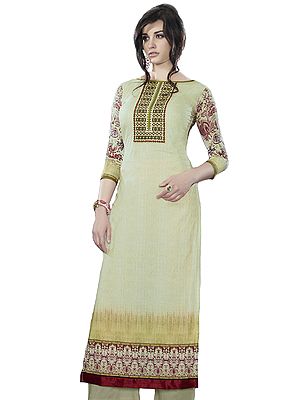 Frozen Dew Digital-Printed Long Kurti with Embroidered Patch on Neck