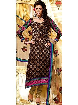 Seal-Brown Designer Churidar Suit with Brocaded Kameez and Embroidered Patch Border