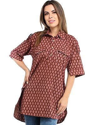 Rose-Brown Summer Tunic Pilkhuwa Shirt with Block Printed Motifs All-Over