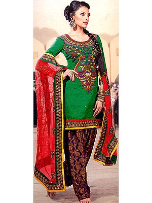 Simply-Green Salwar Kameez with Multi-Color Thread Embroidery on Neck and Sequined Patch Border
