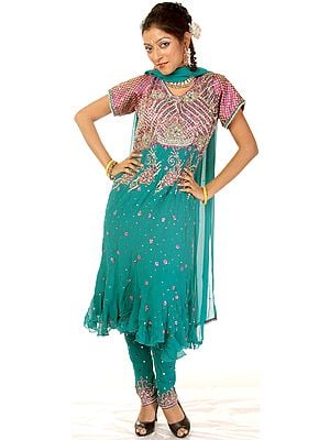 Turquoise Anarkali Suit with Heavily Beaded on Front