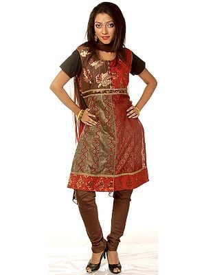Brown and Red Chudidar Suit with Sequined Maple Leaves