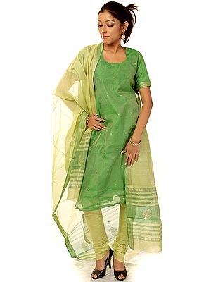 Green Tissue Chanderi Choodidaar Suit with Golden Bootis