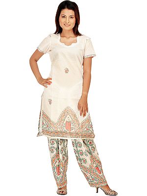 White Two-Piece Madhubani Salwar Kameez Suit with Hand-Painted Fishes
