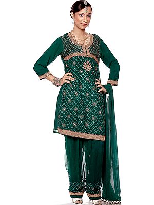 Bottle-Green Salwar Kameez Suit with Antique Beadwork and Sequins