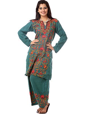 North-Sea-Green Kashmiri Salwar Kameez with Aari Embroidery by Hand