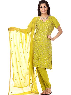 Golden-Olive Green Salwar Choodidaar Suit with Crewel Embroidery in Golden Thread