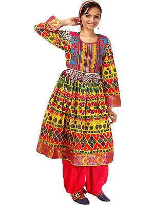 Afghan Suit with Flared Skirt, Multi-Coloured Embroidery and Bead-Work