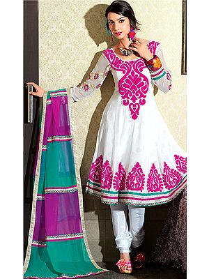 Ivory and Magenta Flaired Suit with Aari-Embroidery