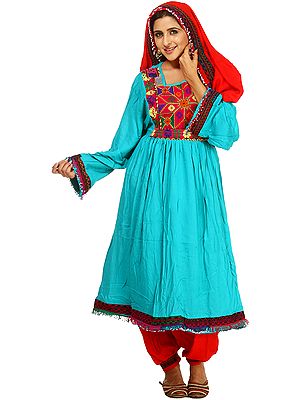 Turquoise and Red Flaired Suit from Afghanistan with Threadwork