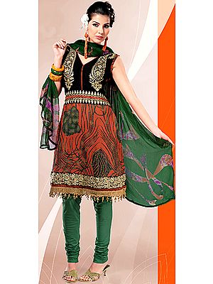 Rust and Green Choodidaar Printed Suit with Crochet Border and Crewel Embroidery