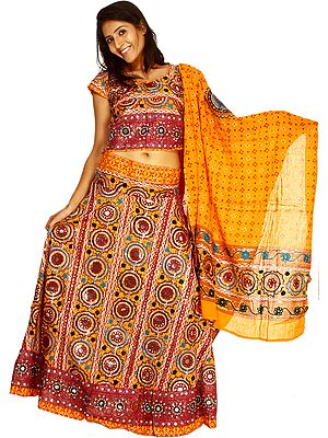 Zinnia-Yellow Ghagra Choli from Kutch with All-Over Embroidery and Sequins