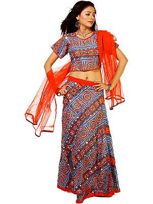 Heritage Blue and Orange Bandhani Printed Ghagra Choli with All-Over Embroidery and Large Sequins