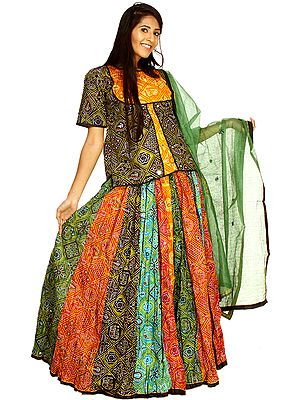 Multi-Color Ghagra Choli from Rajasthan with Chunri Print