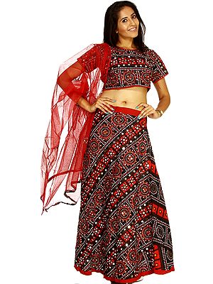 Black and Red Ghagra Choli from Jaipur with Bandhani Print