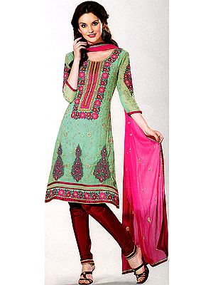 Lucite-Green Choodidaar Kameez Suit with Crewel Embroidered Flowers and Patch Border